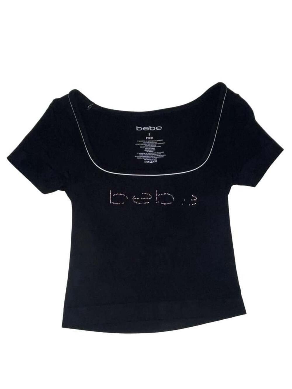 Bebe Black Ribbed Short Sleeve Scoop Neck Top with Rhinestone Logo Size S